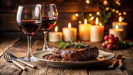 A romantic dinner for two with a perfectly cooked steak served on a elegant table setting amidst soft candlelight and a glass of red wine , dinner for two, fine dining