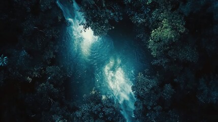 Obraz premium Aerial view of a hidden waterfall in lush rainforest.