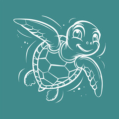 Line drawing of a cartoon sea turtle, with a focus on its cute and friendly expression