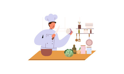 Professional chef cooks food, cooks dishes, prepares food vector illustration