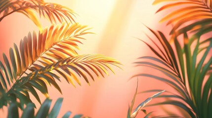 Obraz premium Golden hour sunlight illuminates lush tropical palm fronds against a soft coral backdrop.