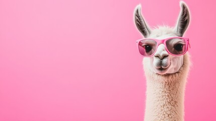 Obraz premium Close-up of a llama wearing pink sunglasses against a pink background.