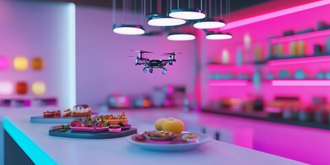Drone delivering food in a vibrant pink restaurant. Futuristic technology meets modern dining.