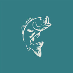 Leaping Bass Fish Illustration in Teal and White