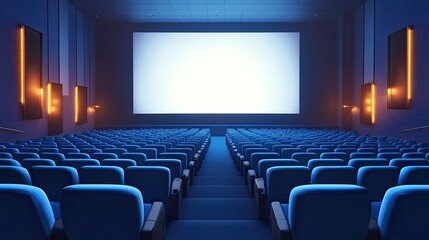 Fototapeta premium A blue movie theater with vacant seats and a white blank screen. idea of pleasure, relaxation, and a movie theater. 