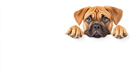 Obraz premium Adorable puppy peeking over white banner.