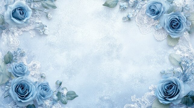 Pastel blue roses and lace frame on textured background.