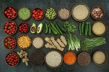 Assorted healthy foods in bowls on dark background.