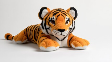Adorable plush tiger toy lying on white background