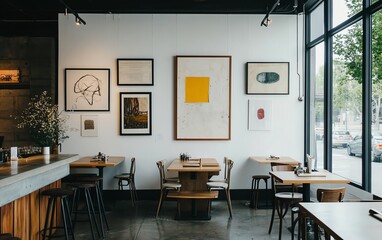Fototapeta premium Tilted angle view of a minimalist cafe, local art adorning the walls, cozy ambiance, warm lighting, culture infused decor