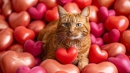 Charming cat amidst heart shaped toys for a delightful valentine s day celebration