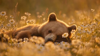 Obraz premium A brown bear cub sleeps peacefully amidst a field of daisies at sunset.