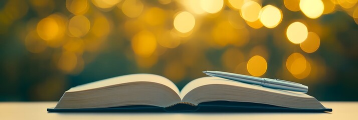 minimalist desk featuring an open book and a silver pen, glowing softly against a muted yellow bokeh background