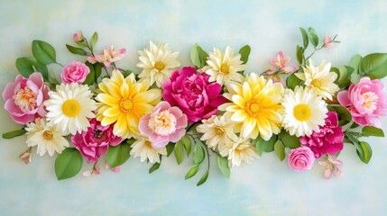 Fototapeta premium Vibrant floral arrangement of dahlias, daisies, peonies, and roses on a pastel background.