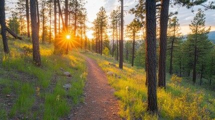 Obraz premium Sunset illuminates a winding trail through a lush pine forest, casting a warm golden glow on the grass and trees.