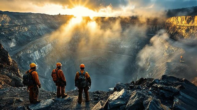 Mine Workers at Sunrise: Three hard-working miners stand on the edge of a vast quarry, silhouetted against a breathtaking sunrise.
