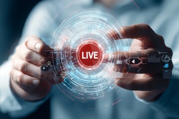 A person is holding a red button that says Live