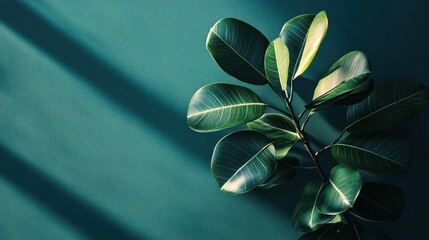 Obraz premium Lush green plant branch with large leaves casts shadows on a teal background.