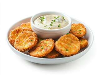 Fried Pickles on a White Plate with Blue Cheese Sauce