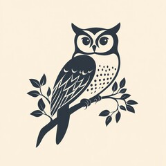 Fototapeta premium A stylized illustration of an owl perched on a branch with leaves.