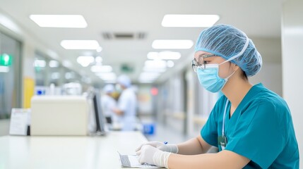 Obraz premium A woman in a blue scrubs is wearing a mask and gloves