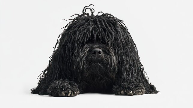 A black Puli dog with long, corded fur lies down against a white background, looking directly at the camera.