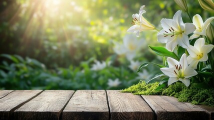 White lilies on wooden table with blurred green background.