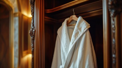 Closeup of a plush white bathrobe in a high-end wooden wardrobe, capturing the essence of relaxation, elegance, and refined hospitality