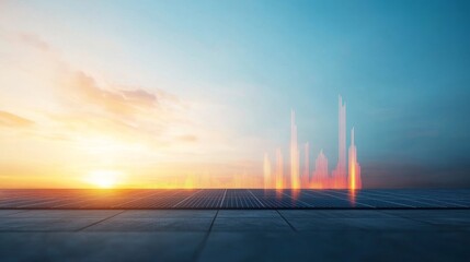 A city skyline with a sunset in the background