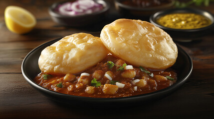 a plate of chole bhature consisting of two perfectly puffed golden brown bhatures, served with thickly spiced chole curry with chopped shallots and sliced green chilies, Ai generated images
