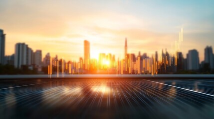 Obraz premium A city skyline with a sun setting in the background