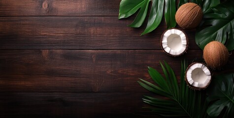 Top view of coconuts and tropical leaves on dark wooden background.