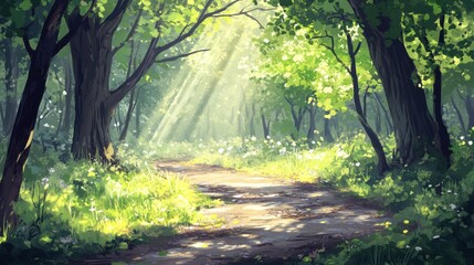 Obraz premium Sunlit path through lush green forest. (2)