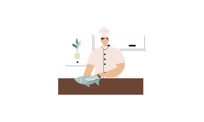 Professional chef cooks food, cooks dishes, prepares food vector illustration