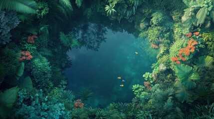 Aerial view of a hidden jungle pool with lush greenery and fish.