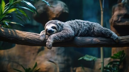 Sloth resting on a tree branch in a lush, green environment.