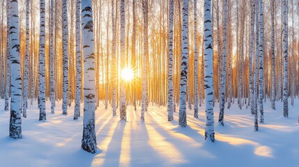 Obraz premium Golden sunset illuminating snowy birch forest.