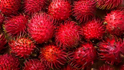 Fototapeta premium Flat Lay Top View of Bright Ripe Fragrant Red Pitanga Fruit as Background