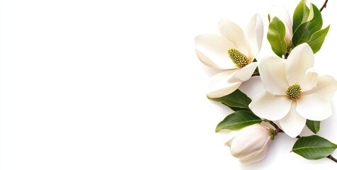Obraz premium White magnolia blossoms and green leaves on white background.