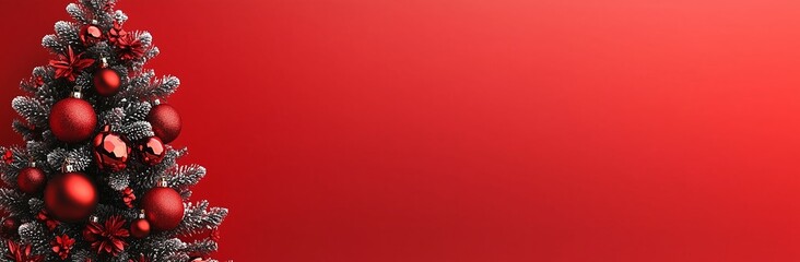 "Close-up of Christmas tree with red ornaments and sparkling decorations against a festive red background."  
