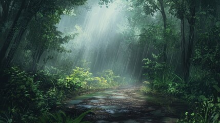 Obraz premium Sunbeams pierce through lush rainforest canopy, illuminating a muddy path after rainfall.