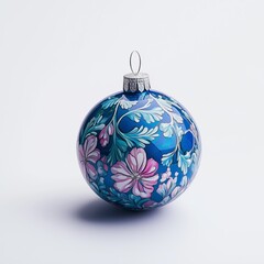 "Blue Christmas ornament with pink floral designs and silver cap isolated on white background."  
