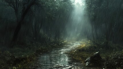 Rainy forest path with sunbeams breaking through the canopy.
