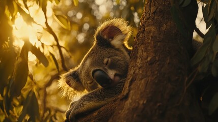 Fototapeta premium Sleepy koala bear resting on eucalyptus tree at sunset.