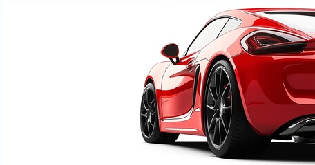 Rear view of red sports car highlighting sleek design and aerodynamic curves isolated on white background.