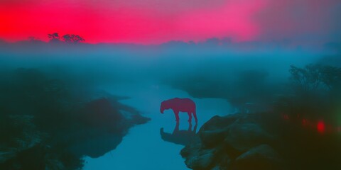 Obraz premium Surreal landscape at sunset. A lone panther stands silhouetted against a vibrant, misty river. Dreamlike atmosphere.