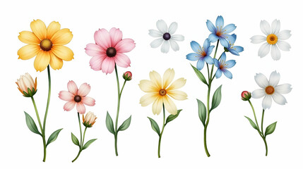 Delightful watercolor cosmos and wildflowers, a vibrant and serene floral arrangement against a pristine white background. Exquisite details capture the beauty of nature.