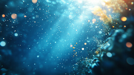 Obraz premium Underwater scene with vibrant coral reef bathed in blue sunlight creating a peaceful, blurred atmosphere symbolizing the calm, beauty, and mystery of the ocean's depths and natural harmony