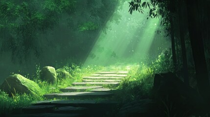 Obraz premium Sunbeams illuminate a stone staircase leading through a lush, green forest.