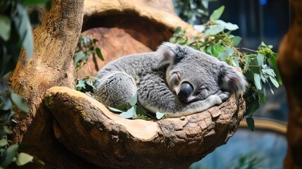 Obraz premium Sleeping koala curled on a tree branch.